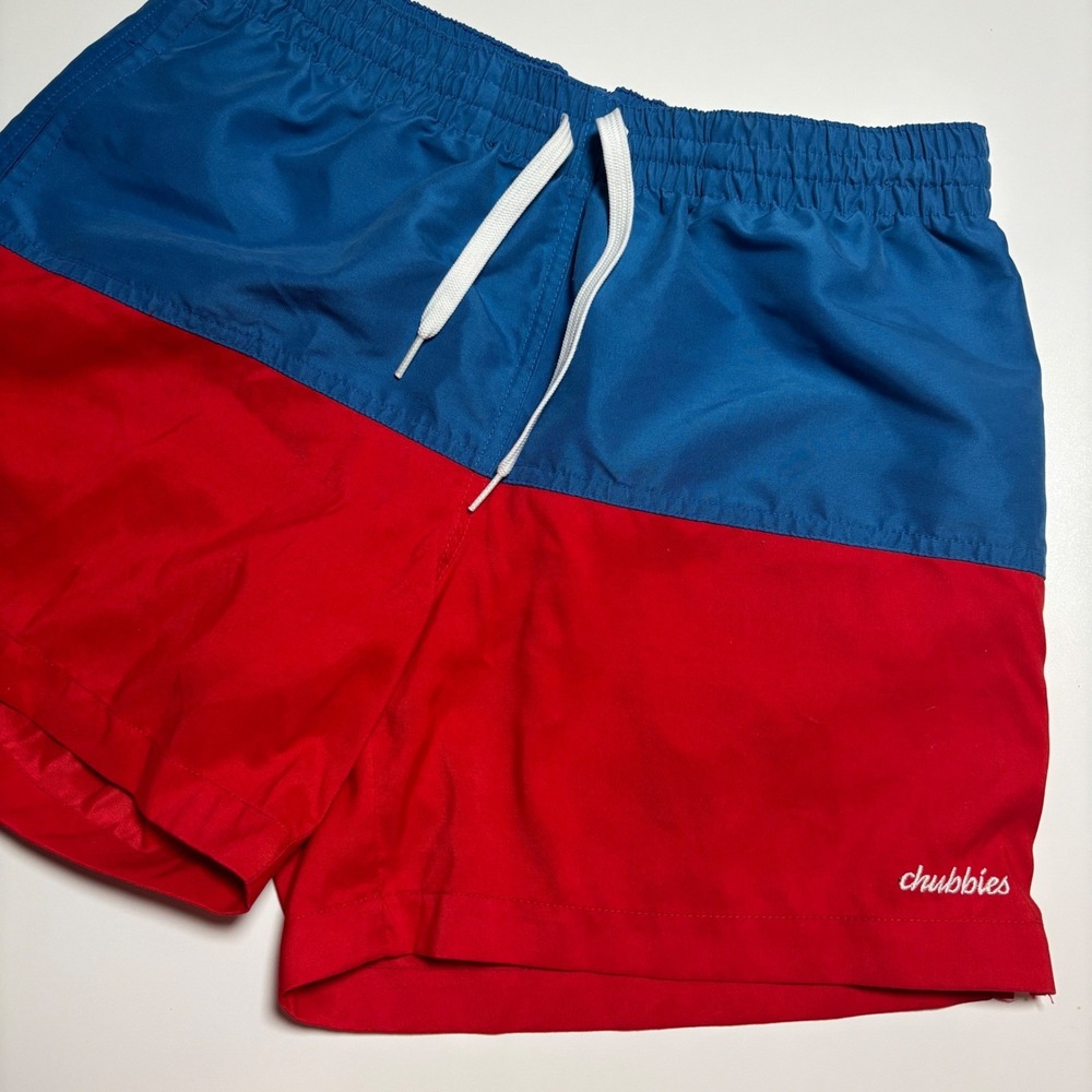 Chubbies Red Blue Colorblock Swim Trunks Mens M Mesh Lined Bathing Suit